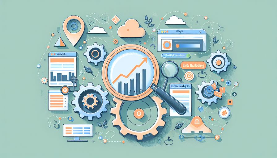 SEO-Strategien veranschaulichen Erfolgsfaktoren mit Symbolen wie Zahnrädern und Diagrammen.