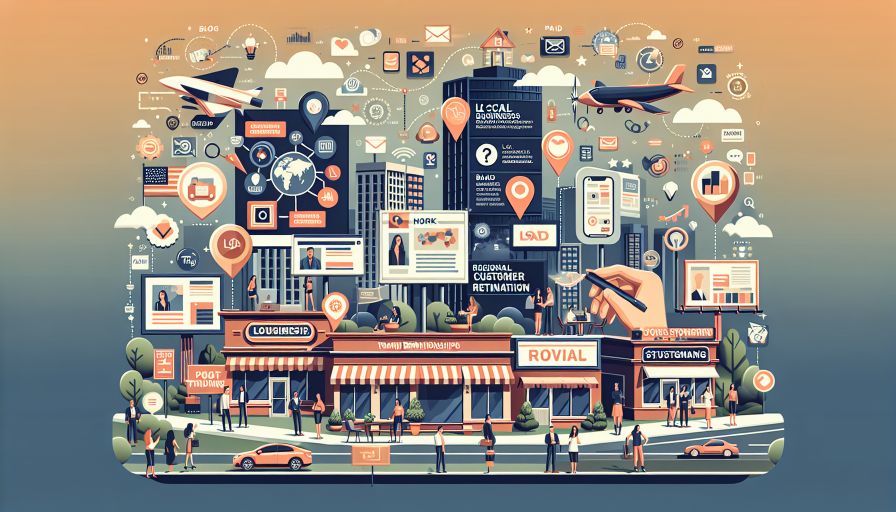 Stadtansicht mit digitalen Marketing-Elementen; Thema: Lokale SEO-Strategien für Unternehmenswachstum.