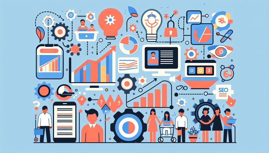 Infografik über digitale Marketingstrategien und SEO-Optimierung, illustriert durch Diagramme und Symbole.