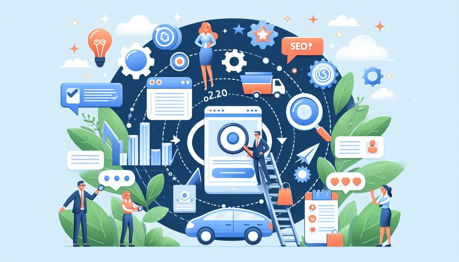 SEO-Strategien für Websites: Bildliche Darstellung von Suchoptimierung, Technik und Zusammenarbeit.