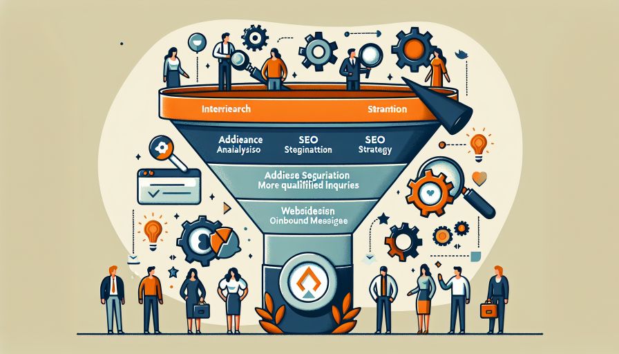 SEO-Optimierungstrichter zeigt Schritte zur Steigerung qualifizierter Anfragen. Fokus auf Zielgruppenanalyse und Strategie.