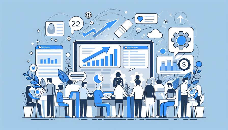 Illustration von Menschen, die digitale Marketingstrategien analysieren und datengetriebene Entscheidungen treffen.