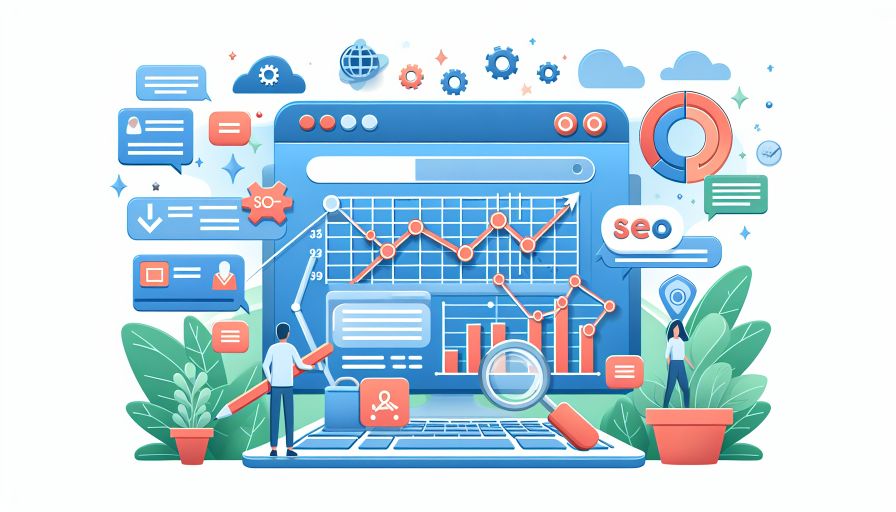 SEO-Strategien und Datenanalyse: Diagramme und Symbole zur Optimierung der Web-Performance.