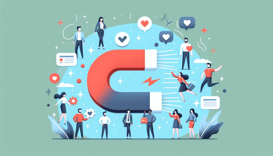 Illustration von Mitarbeiterbindung: Große Kundenmagneten ziehen Menschen an; Symbol für erfolgreiche HR-Strategien.