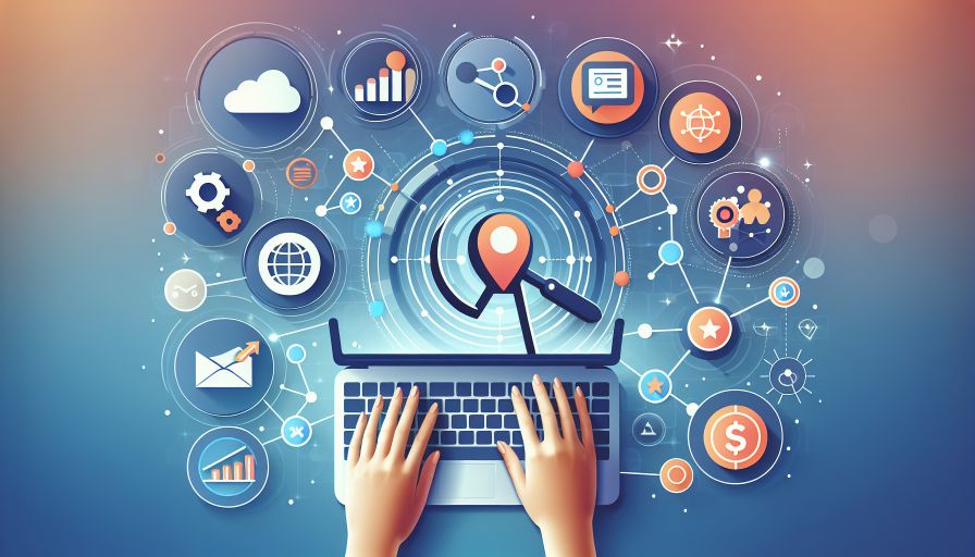 Laptop-Nutzer interagiert mit digitalen Marketing-Icons, Schwerpunkt auf SEO-Strategien für effektive Online-Präsenz.