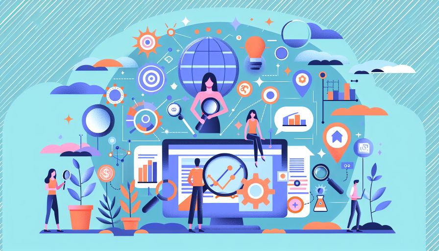 Illustration zur Optimierung von digitalem Marketing mit SEO-Analyse und Wachstumsstrategien.