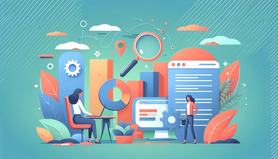 Illustration von zwei Personen, die an Computern arbeiten, um digitale Daten zu analysieren.