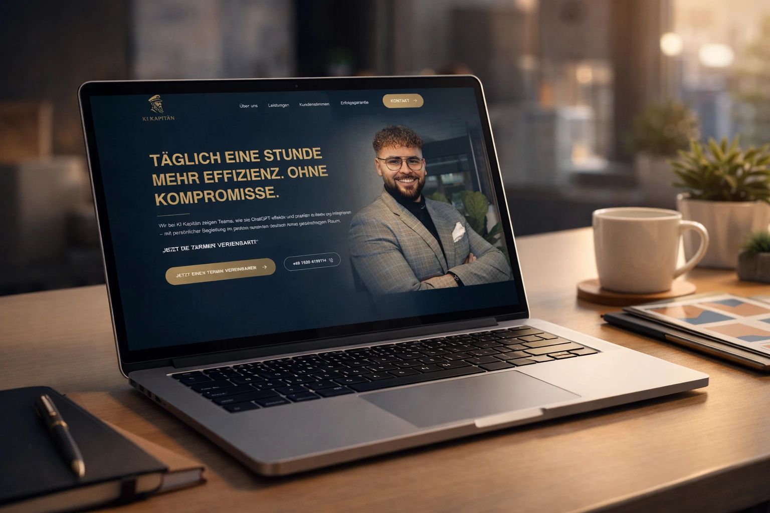 Laptop mit Website von KI Kapitän zeigt effiziente Teamlösungen und Optimierung durch KI-Unterstützung.