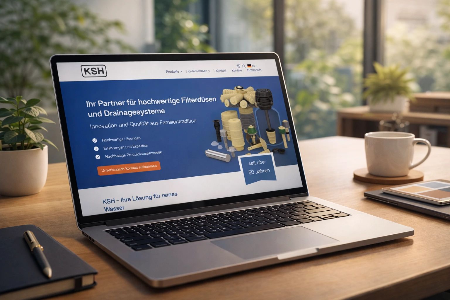Laptop zeigt KSH-Website über Filterdüsen und Drainagesysteme für innovative Lösungen in der Wasseraufbereitung.