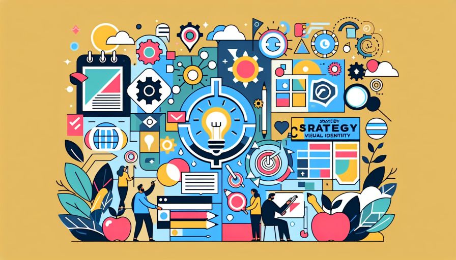Strategische Visuelle Identität: Bunte Diagramme und Symbole zur Optimierung und Planung kreativer Projekte.