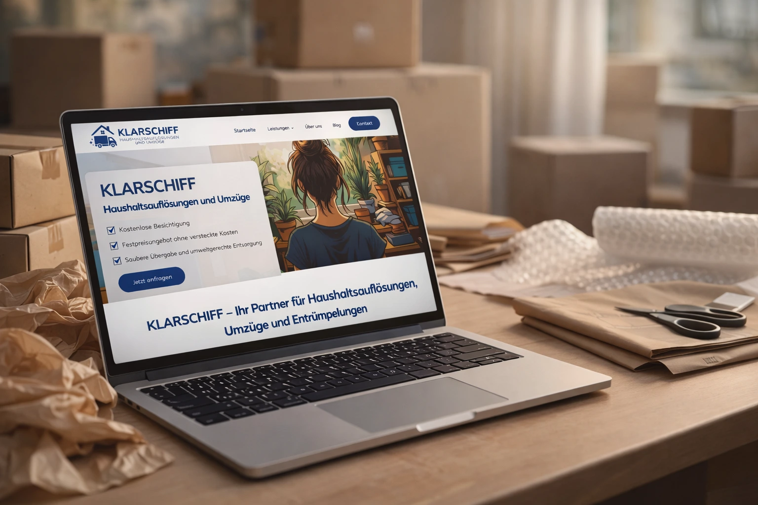 Laptop zeigt KlarSchiff Website für Umzüge und Haushaltsauflösungen, umgeben von Umzugskartons.