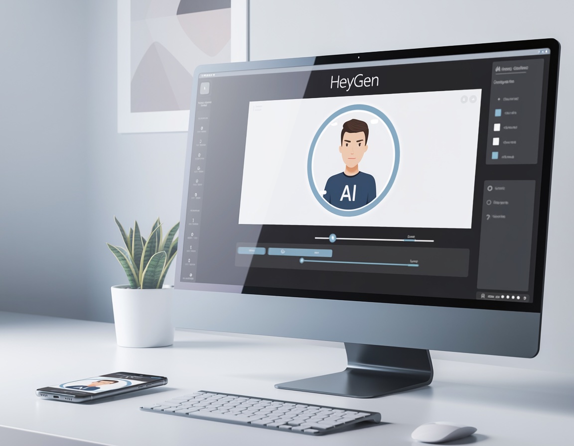 Moderne KI-Software HeyGen auf einem Bildschirm, im Kontext von digitalem Design und Innovation erklärt.