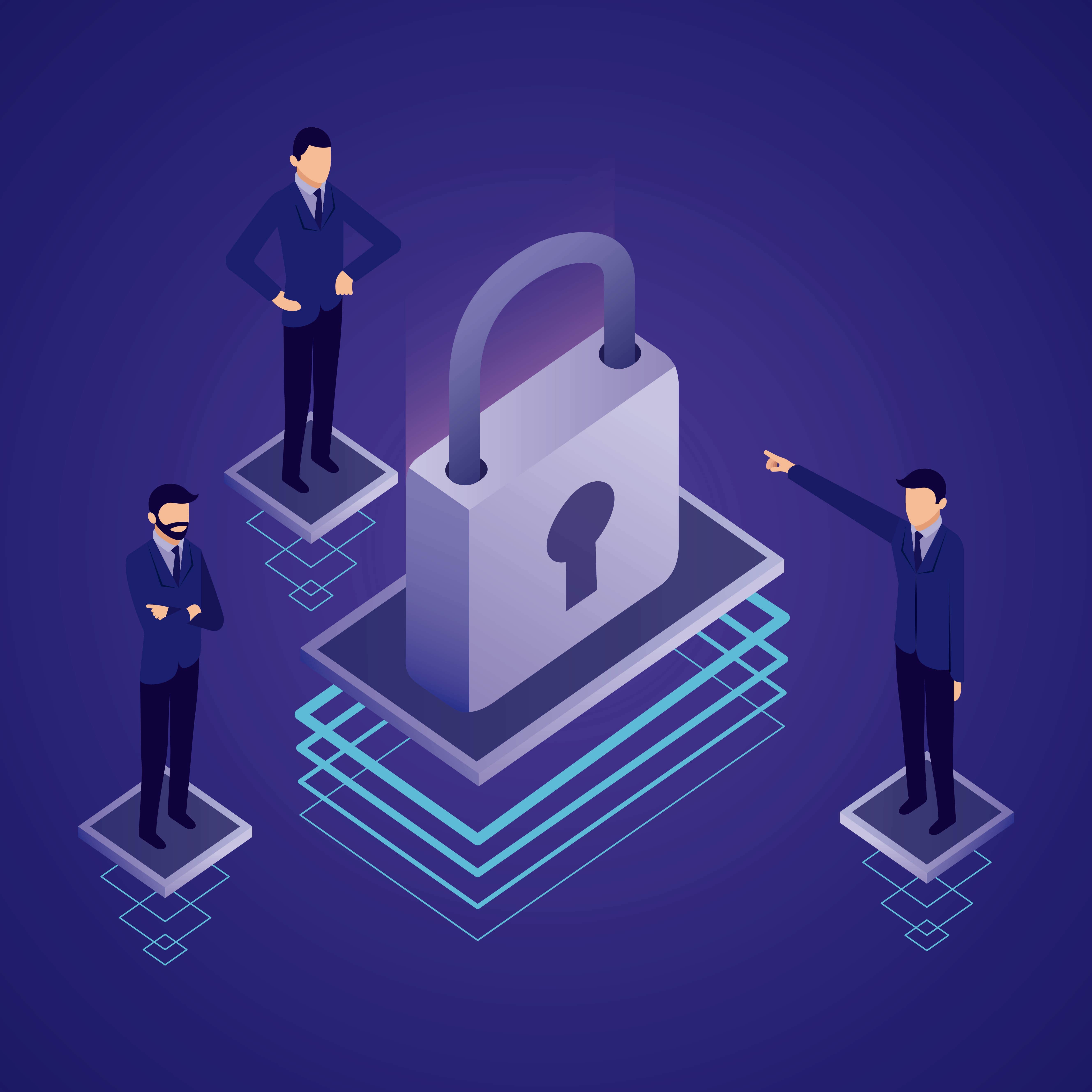 Geschäftsleute um ein Vorhängeschloss, symbolisiert Datensicherheit in der digitalen Welt auf unserer Datenschutzseite.