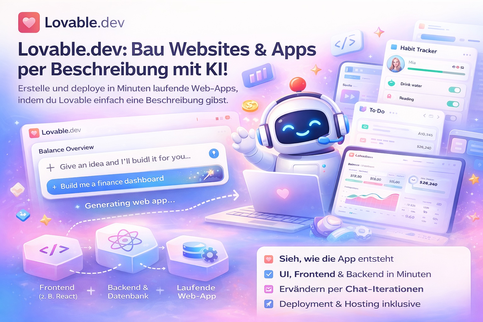 Erstelle Websites & Apps mit KI: Lovable.dev bietet schnelle Web-App-Entwicklung durch einfache Beschreibung.