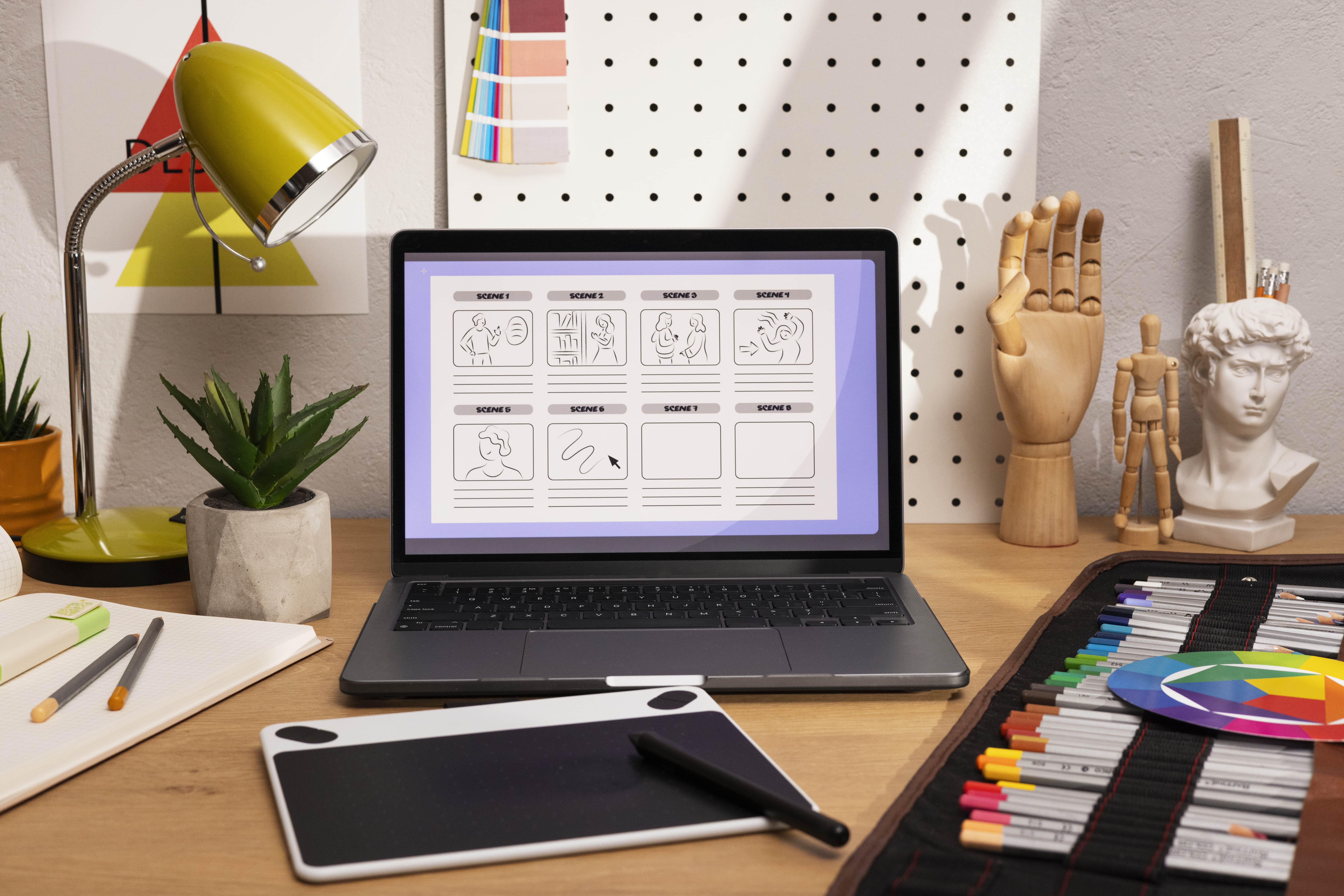 Kreativer Arbeitsplatz mit Laptop zur Storyboard-Erstellung, ideal für Design- und Kreativitätsbeiträge.