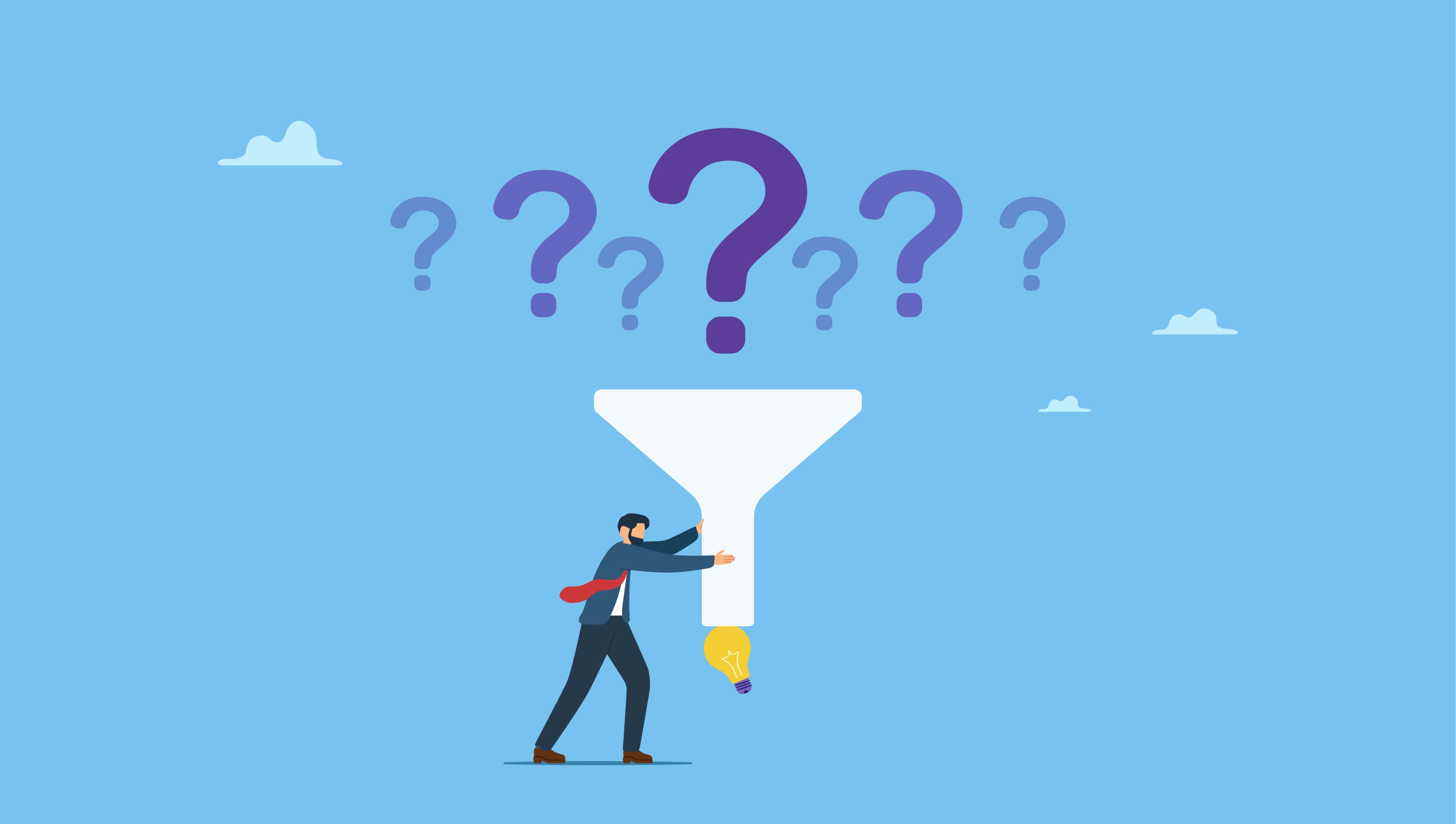 Mann führt Ideen durch Trichter – Effektives Brainstorming und Problemlösung im Marketingbeitrag erklärt.