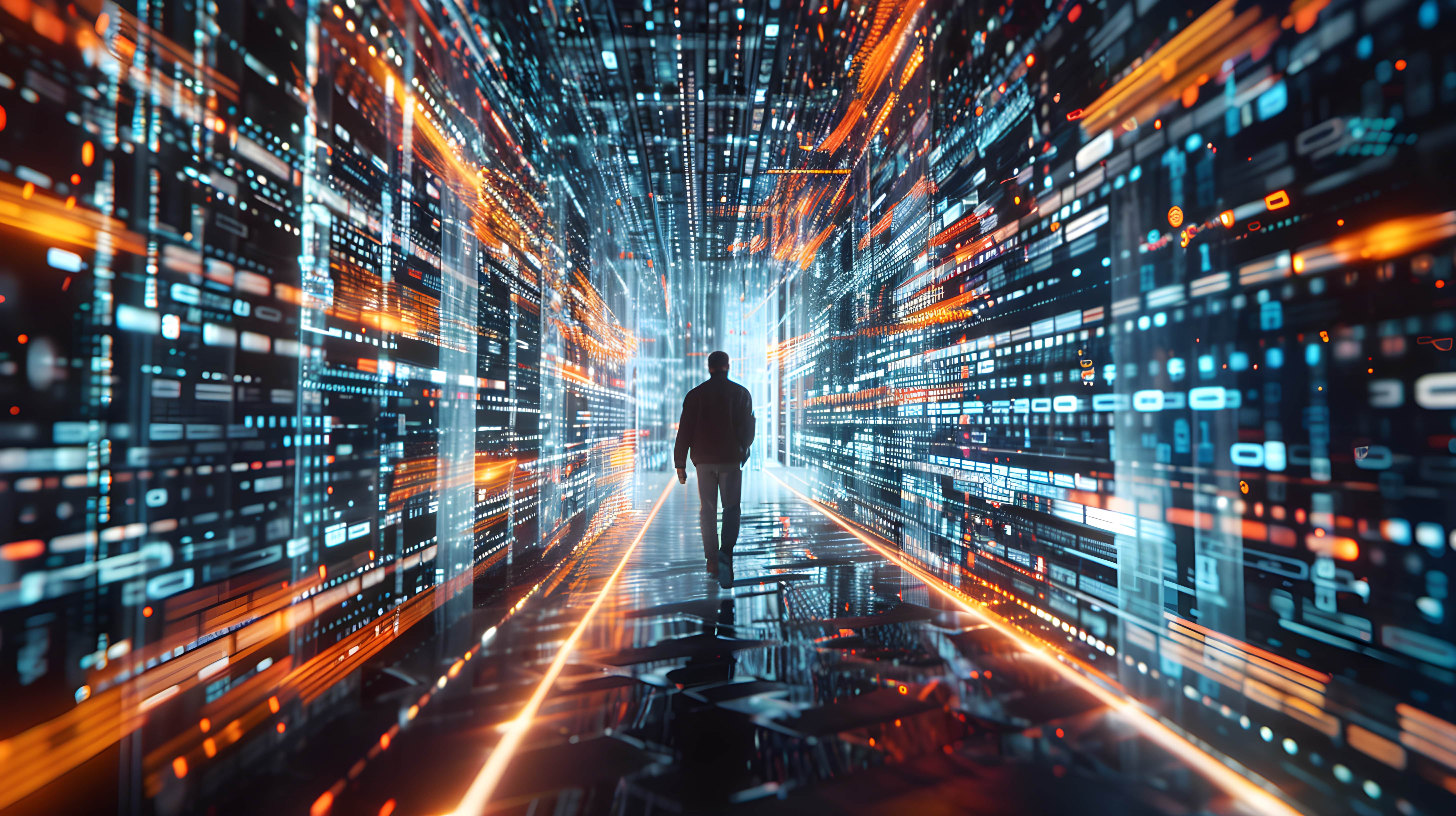 Person in digitalem Korridor, Symbol für Zukunft der Technologie und Datennutzung.
