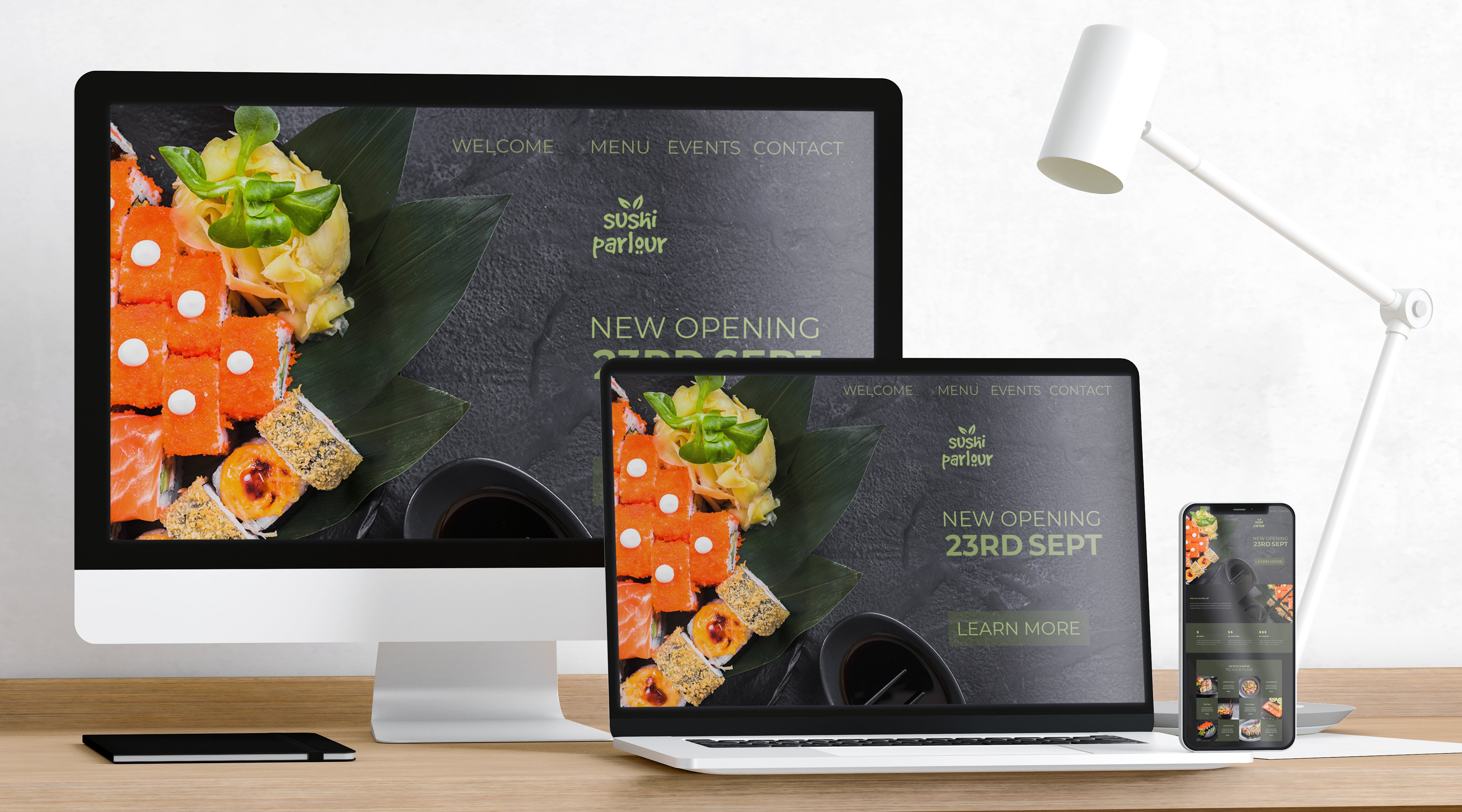 Neue Eröffnung von Sushi Restaurant am 23. September, Website-Design auf PC, Laptop und Smartphoneansicht.