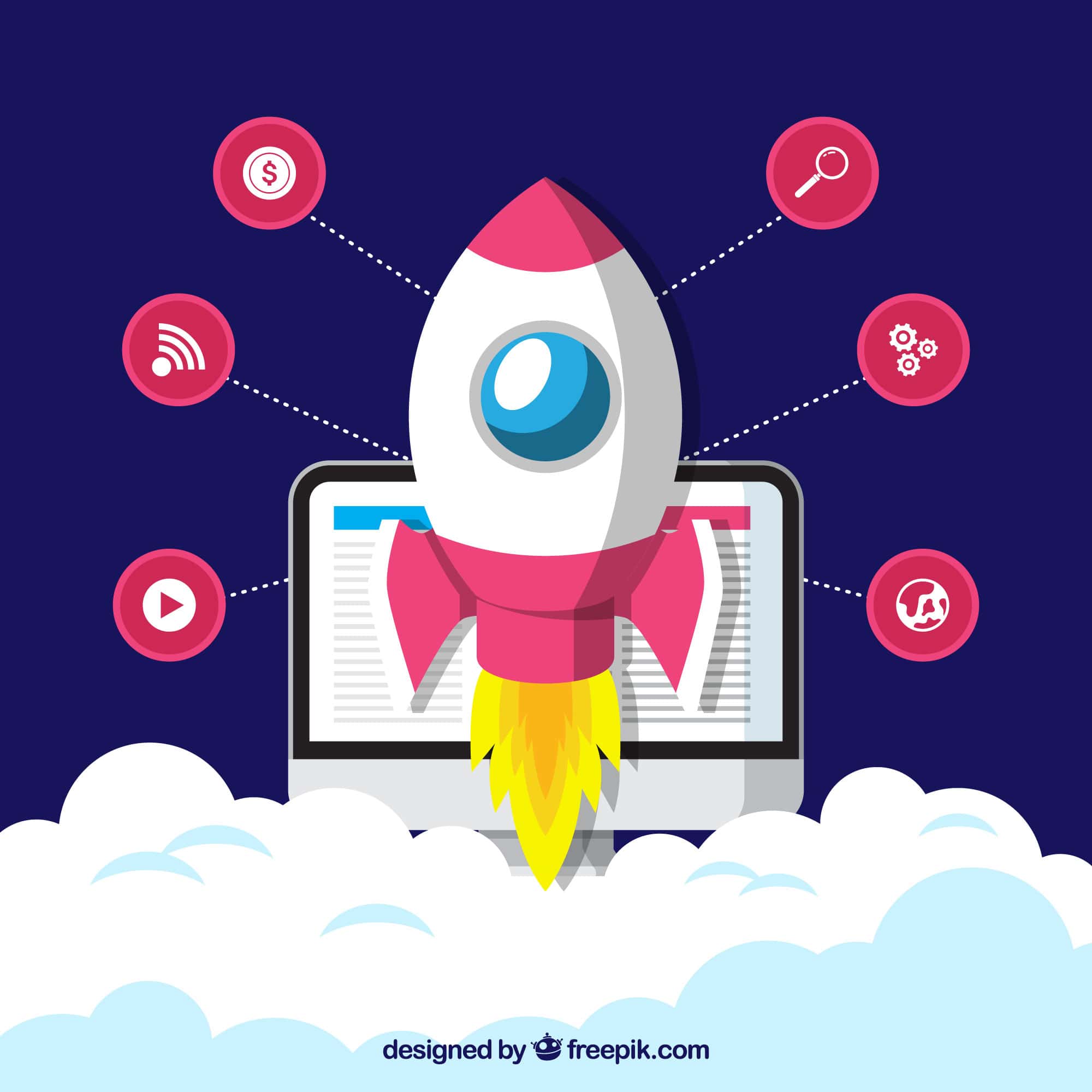 Rakete startet aus Laptop, symbolisiert SEO-Optimierung und Online-Wachstum. Perfekt für digitalen Marketingbeitrag.