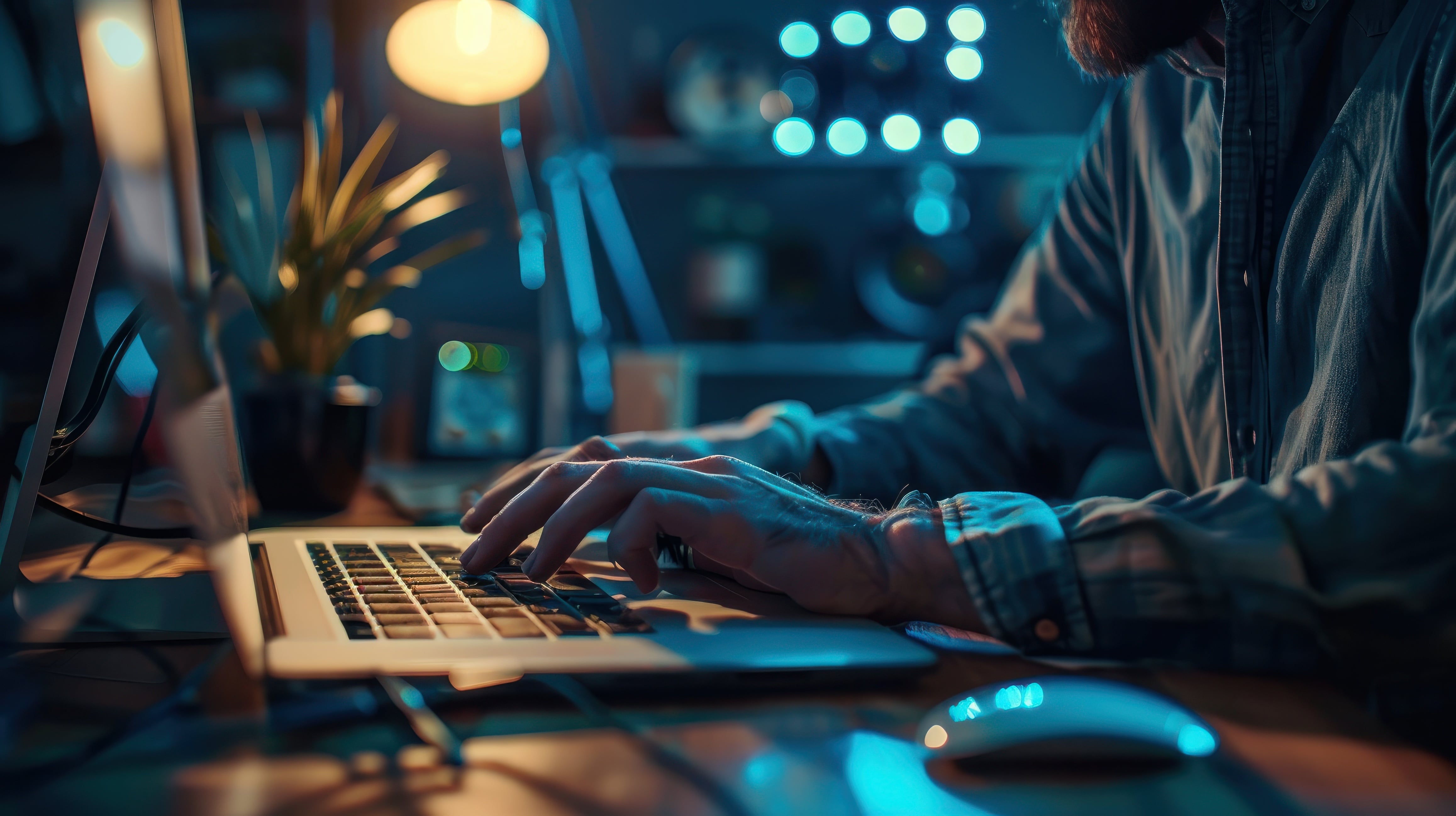 Person arbeitet nachts am Computer bei schwachem Licht, thematisiert Effektivität von Nachtarbeit im Homeoffice.